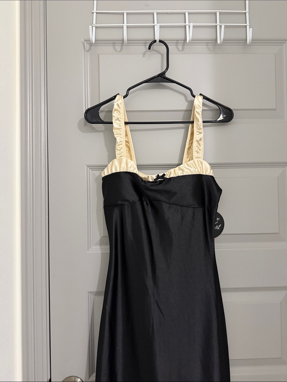 Black Satin Dress with Cream Ruffled Straps